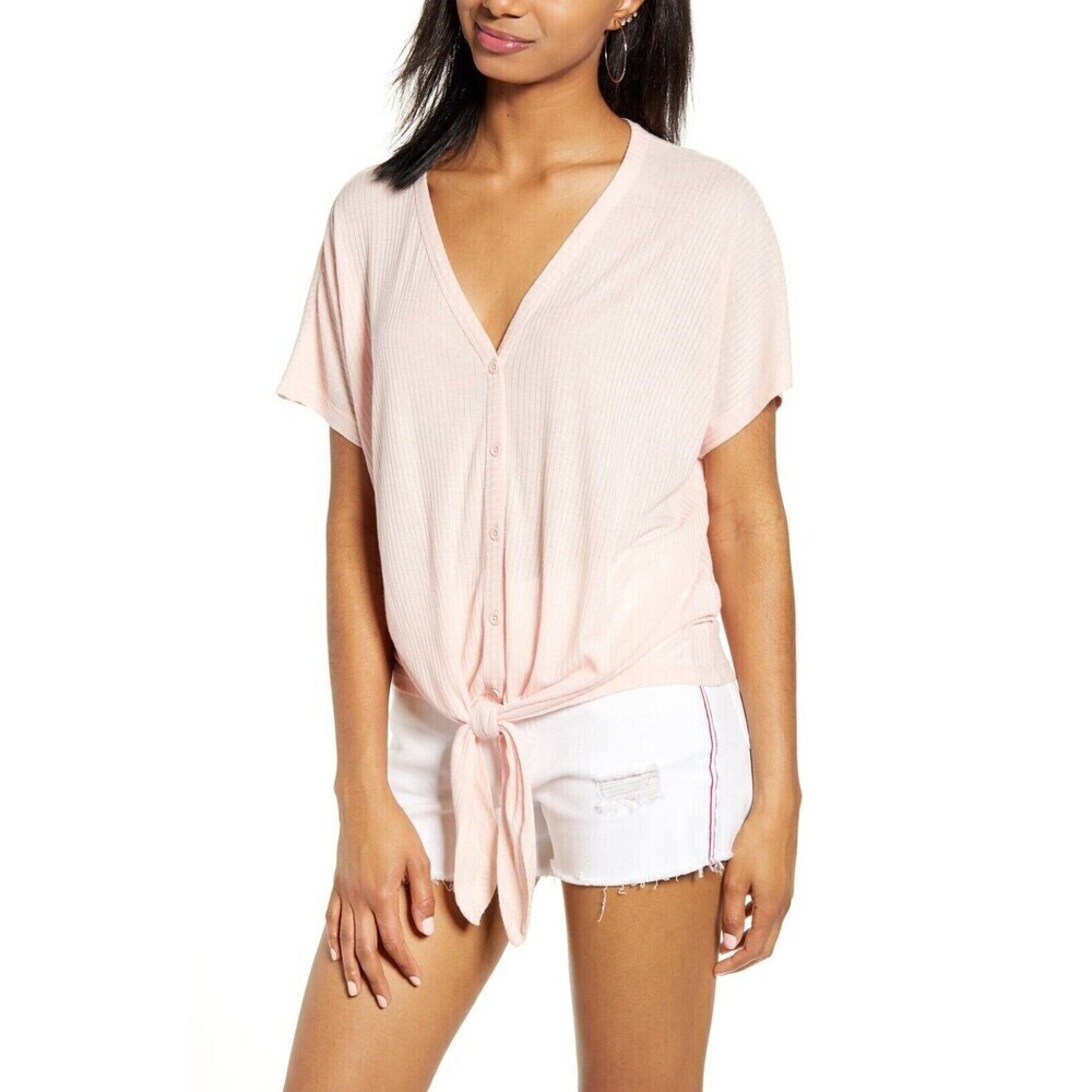 BP. Short Sleeve V-Neck Button Front Soft Knit Loose Top In Solid Pink Size S